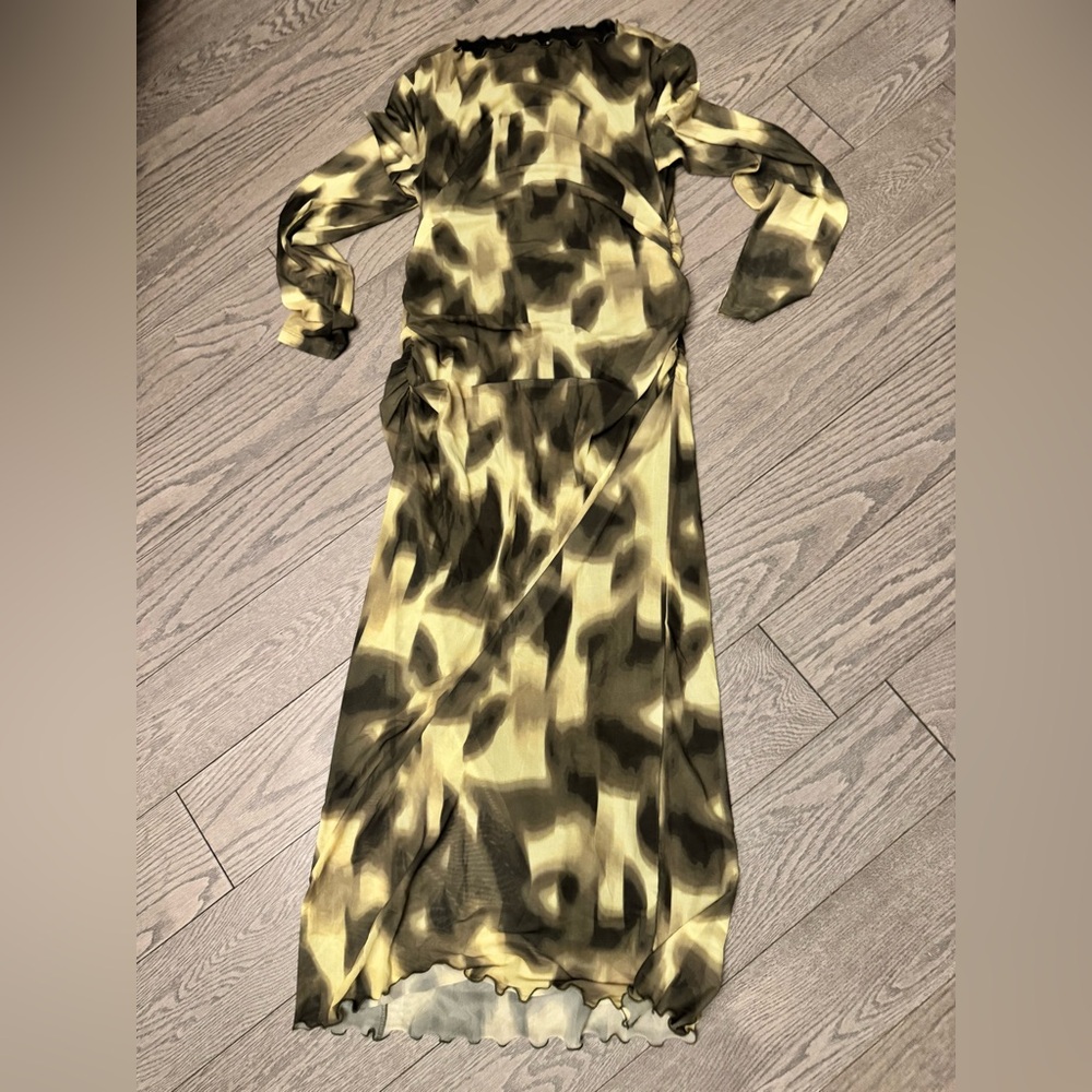 & Other Stories Green and Tan mesh Long Sleeve maxi Dress
